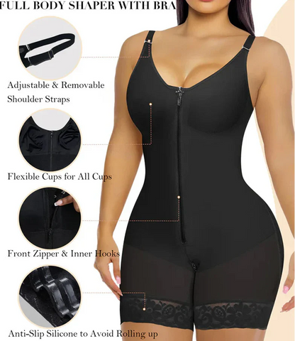 Waist shaper, butt-lifting shaper, tummy control, with crotch zipper and detachable shoulder straps.