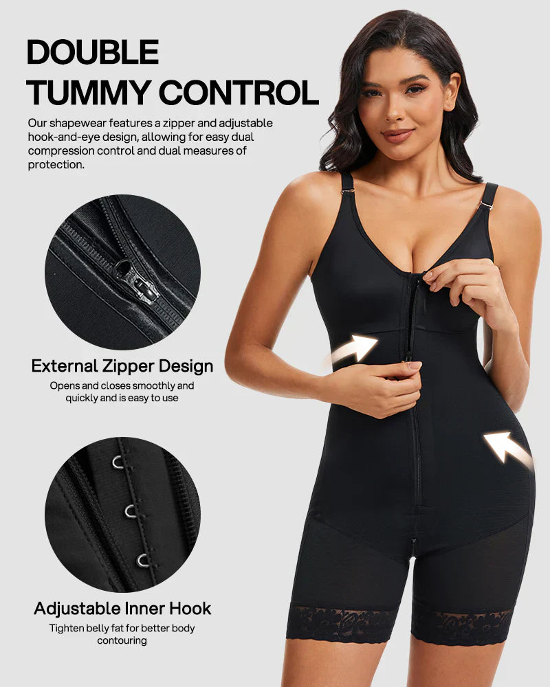 Waist shaper, butt-lifting shaper, tummy control, with crotch zipper and detachable shoulder straps.