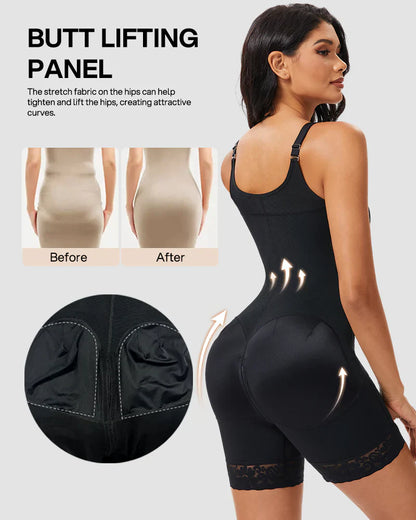 Waist shaper, butt-lifting shaper, tummy control, with crotch zipper and detachable shoulder straps.