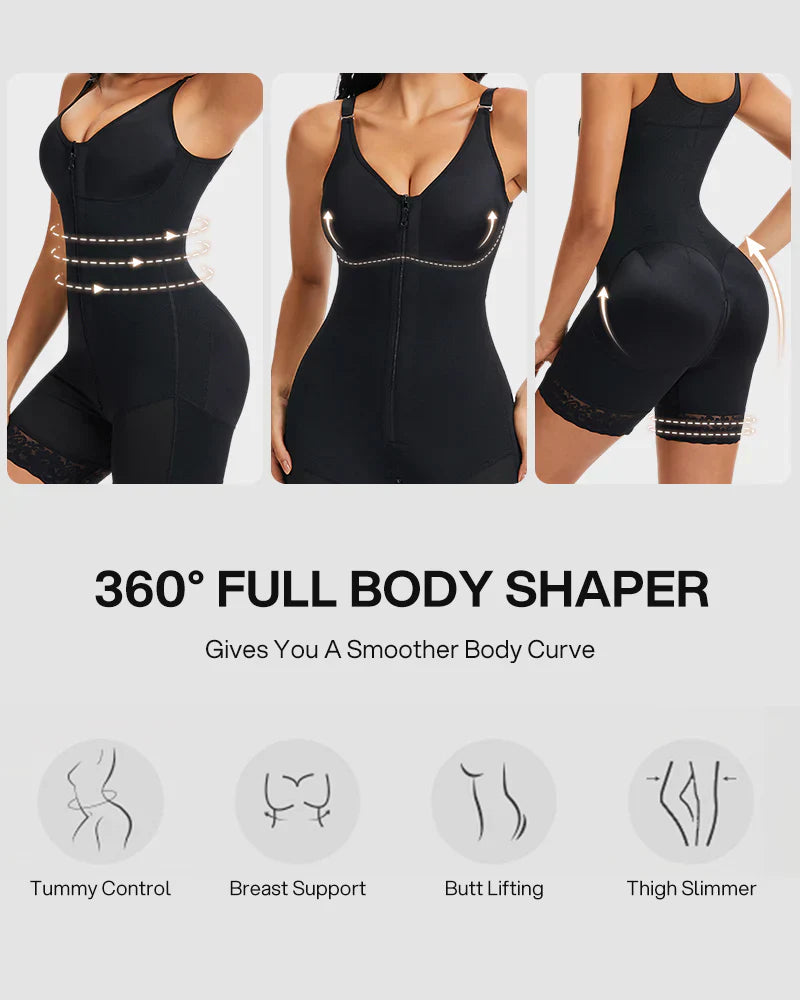 Waist shaper, butt-lifting shaper, tummy control, with crotch zipper and detachable shoulder straps.