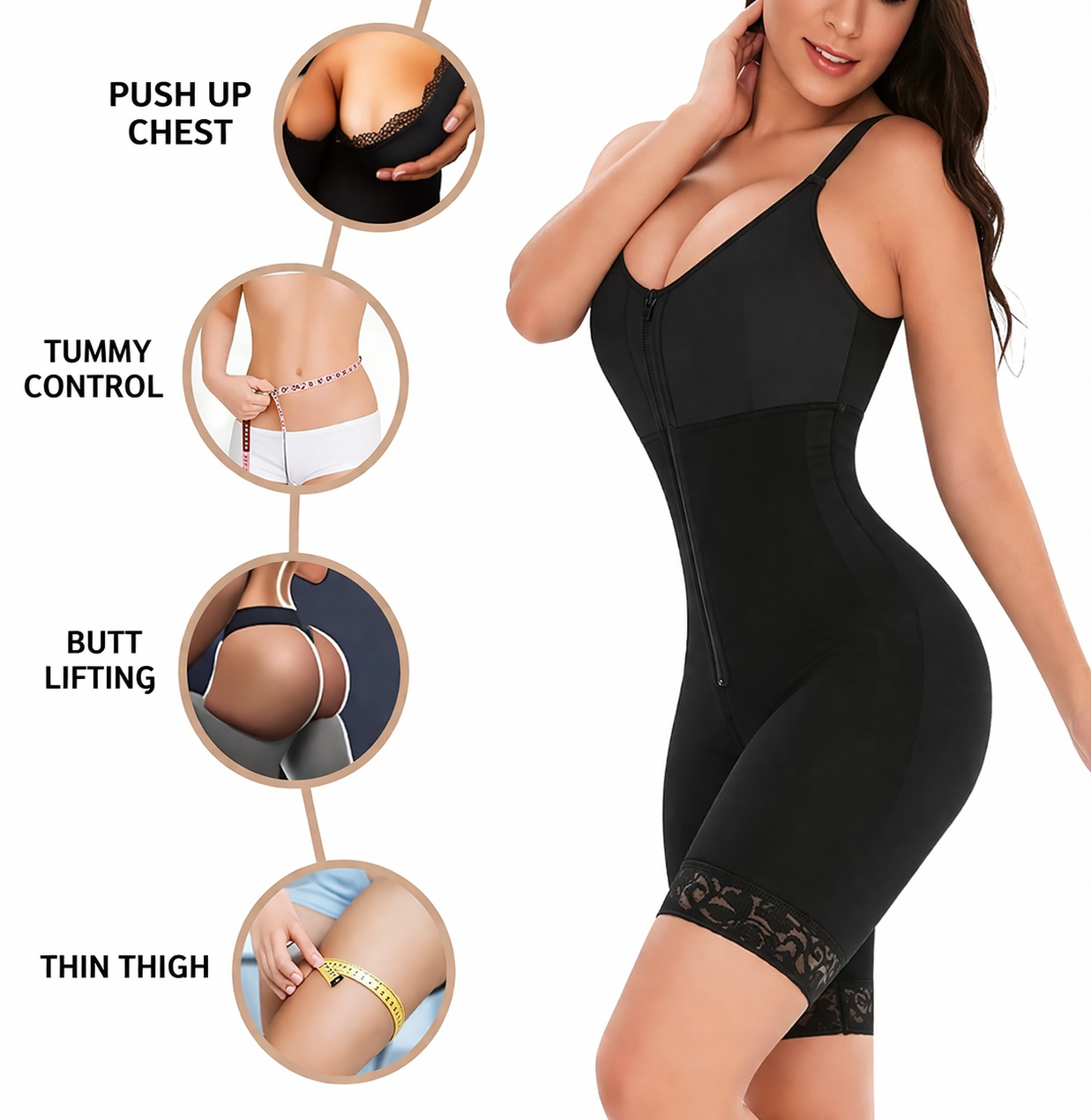 Waist shaper, butt-lifting shaper, tummy control, with crotch zipper and detachable shoulder straps.